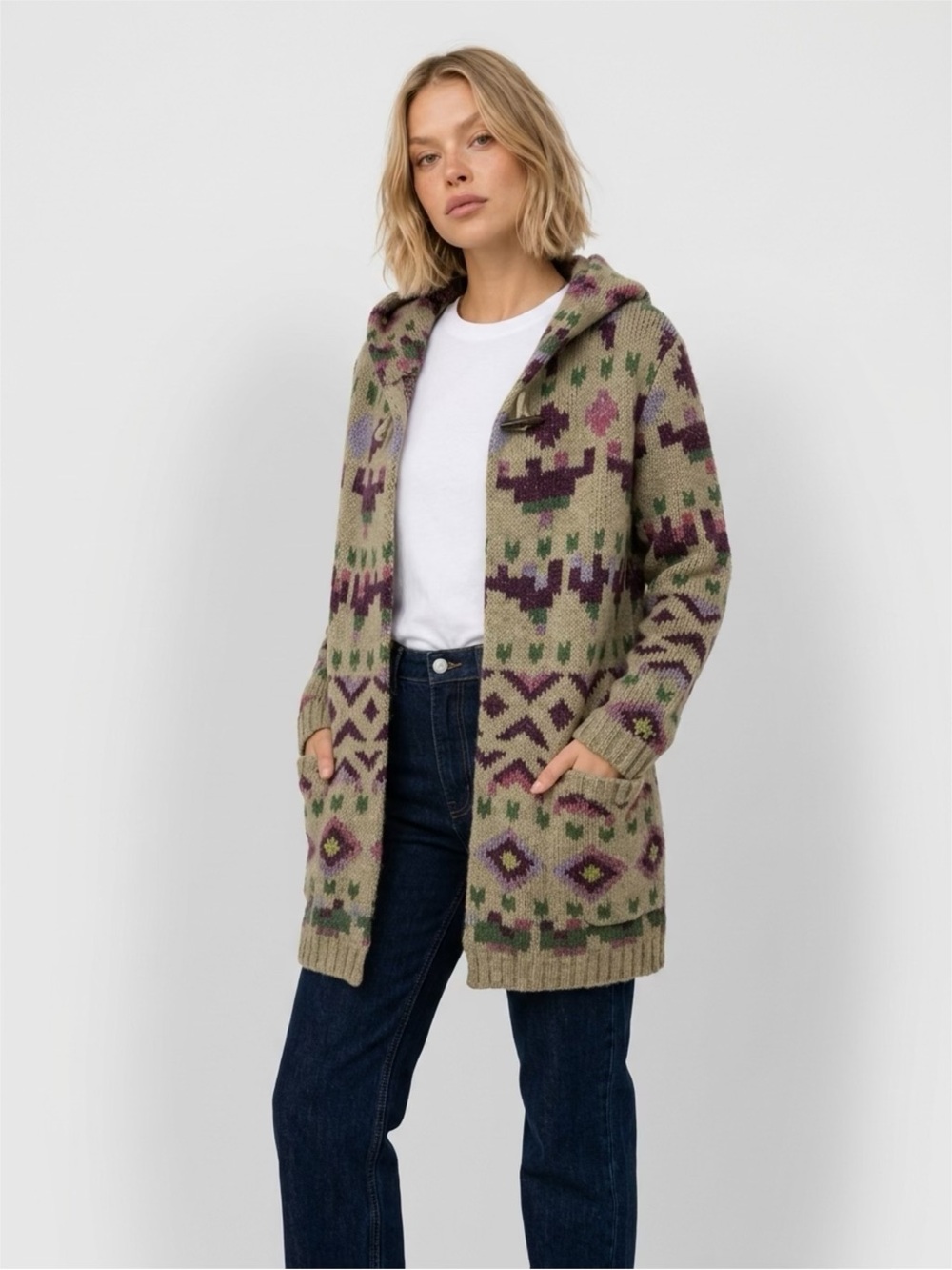 J.JILL  SIZE MP Hooded Fair Isle Cardigan in Olive and Plum POCKETS HOOD Chunky
